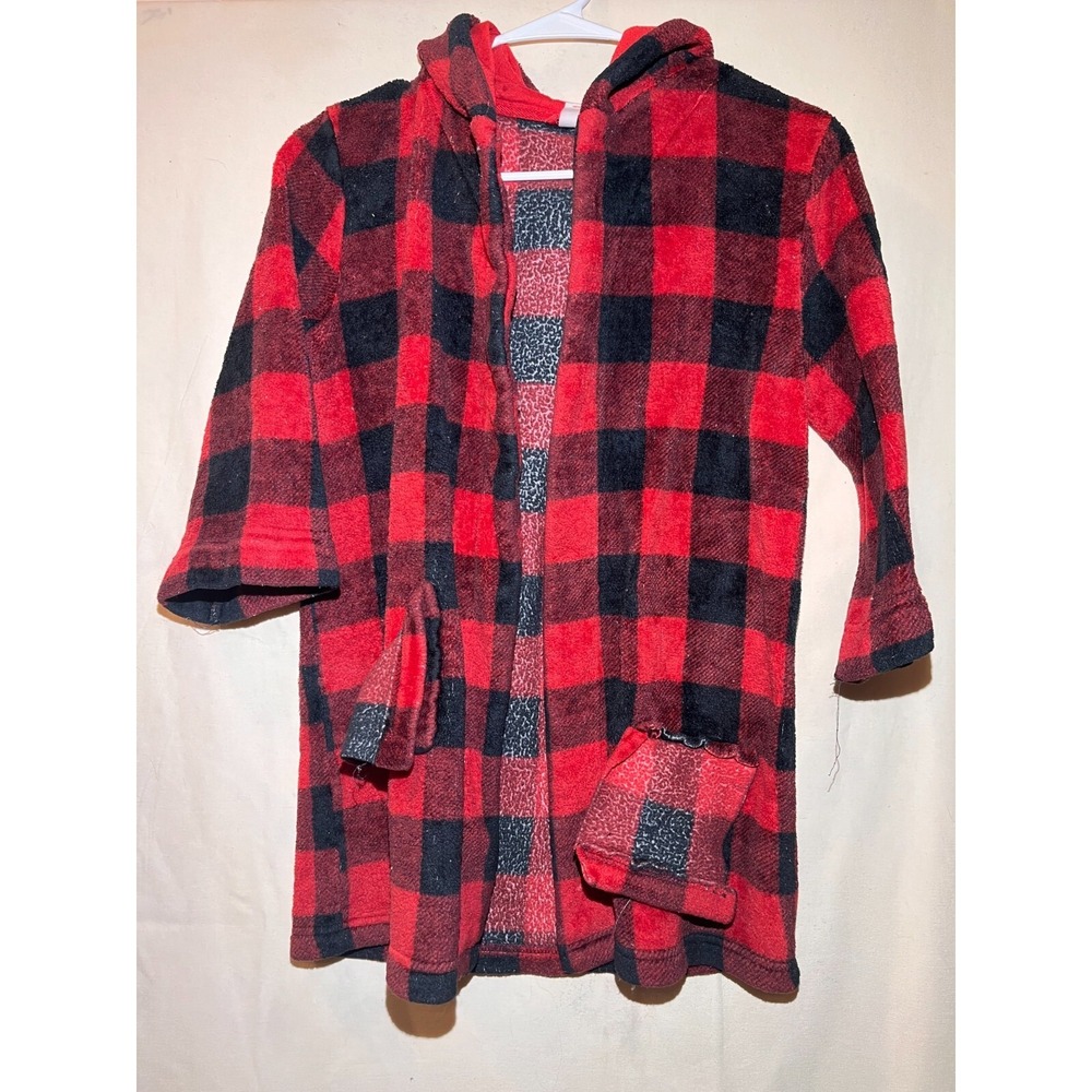 Cat & Jack Kid's SZ S Plaid Buffalo Sleepwear Plush Hooded Robe Black Red  A16